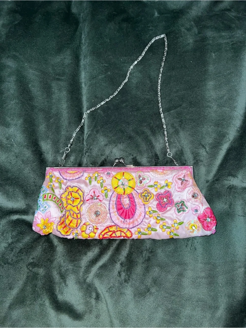 Vintage NY&Co Embroidered Pink Floral Evening Clutch with Chain Strap